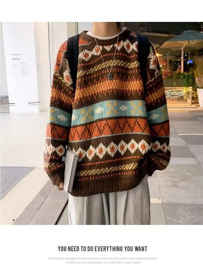 Japanese Vintage Sweater Men's Trendy Ethnic Striped Loose-Fit Knitted Top Casual Crew Neck Idle Style Couple Model Sweater