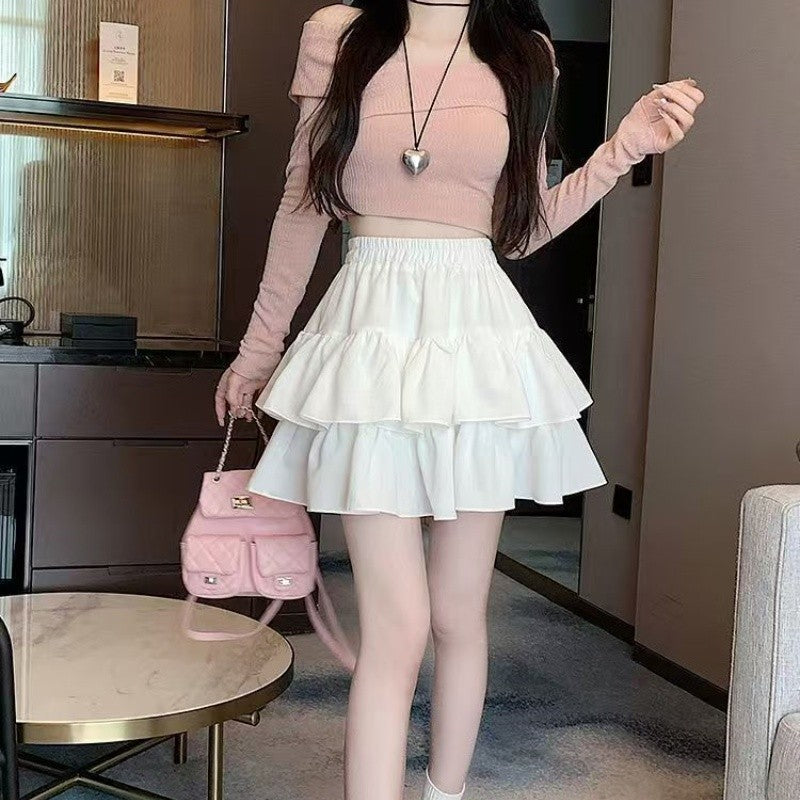 Korean Chic Y2K Sweet Girl's White Princess Mini Skirt Ballet-style Tiered Skirt Elastic High Waist Cake Skirt Shorts All-match