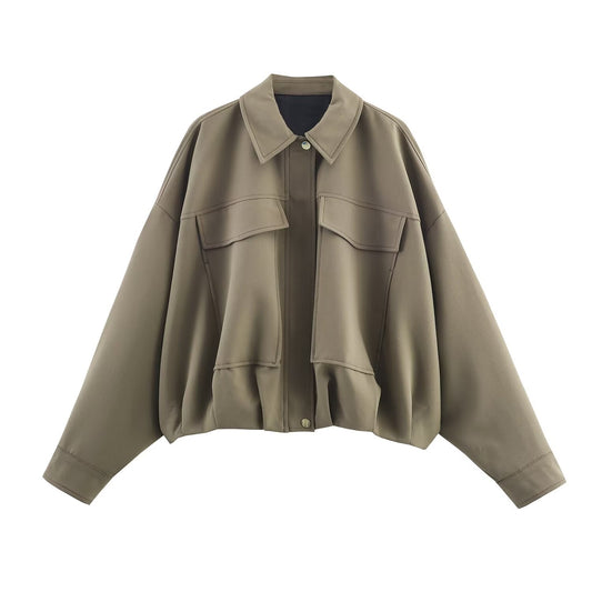 HH Woman Autumn Pleat Hem Pilot Jacket Solid Turn-Down Collar Zipper Single-Breasted Woman Fashion Long-Sleeved Pockets Coat