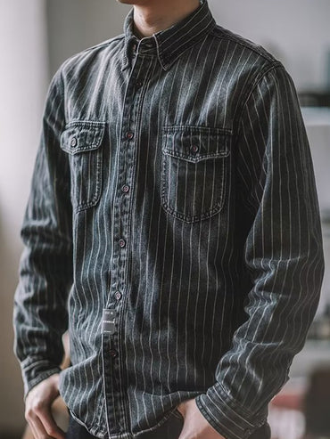 Streetwear Mens Denim Shirts Casual Long Sleeve Buttoned Lapel Striped Blouse Shirt For Men 2025 Spring Casual Cargo Shirt Tops