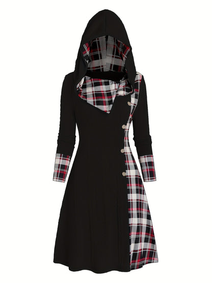 Knitted hooded dress plaid print stitching fake buckle high waist long sleeve A-line dress female