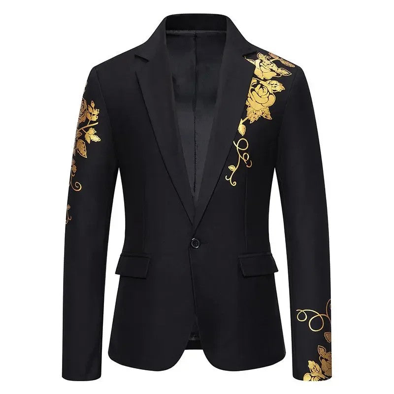 2024 New Men Business Social Suit Loose Jacket Black / White / Royal Blue Fashion Male Wedding Prom Party Rose Printed Blazers