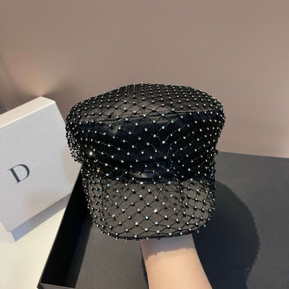 Chapéu Elegante com Strass em Malha Preto Versão Coreana de Alta Qualidade Moda Leve Luxo Estilo Pequeno e Perfumado Chapéu de Aba Reta Bico de Pato