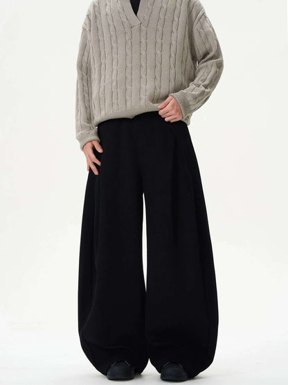 IEFB Pleated Design Men's Casual Pants Solid Color Elastic Waist Wide Leg Sweatpants Silhouette All-match Male Bottom New 9W1052