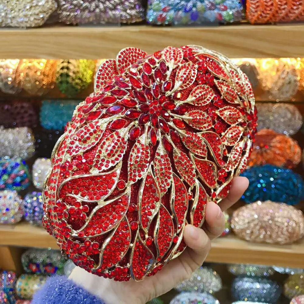 XIYUAN women red/pink/blue/gold/silver Hollow Out Flower Birthday party Crystal Evening bag Clutch purse Minaudiere Handbags
