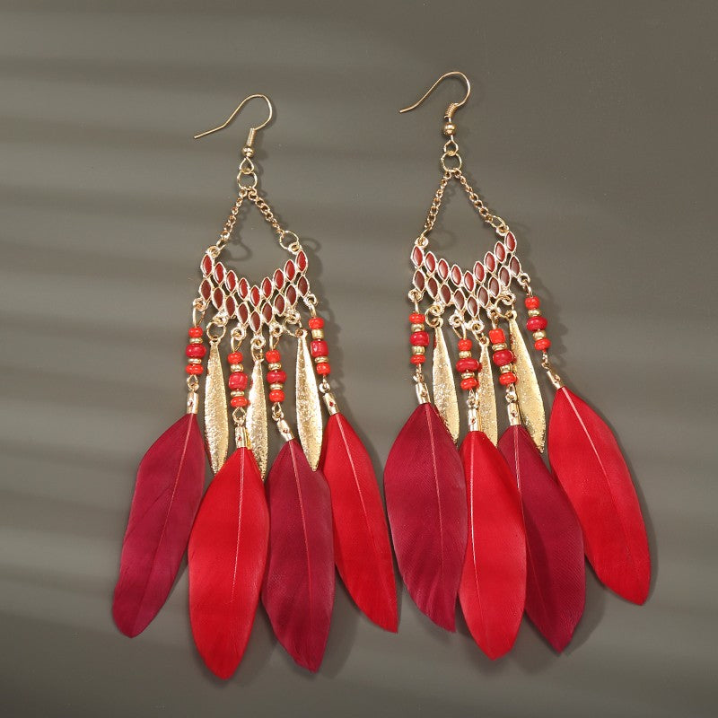 Brincos femininos longos de pena estilo boho, praia, com borla longa, miçangas, flores artesanais esmaltadas, para noiva, casamento, Pendientes Mujer