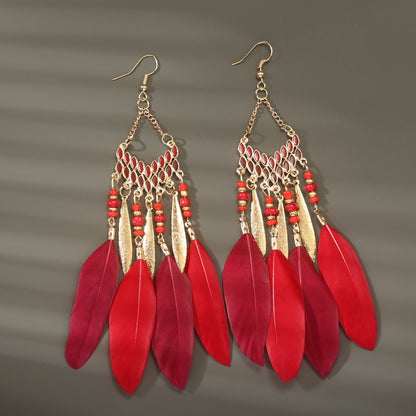 Brincos femininos longos de pena estilo boho, praia, com borla longa, miçangas, flores artesanais esmaltadas, para noiva, casamento, Pendientes Mujer