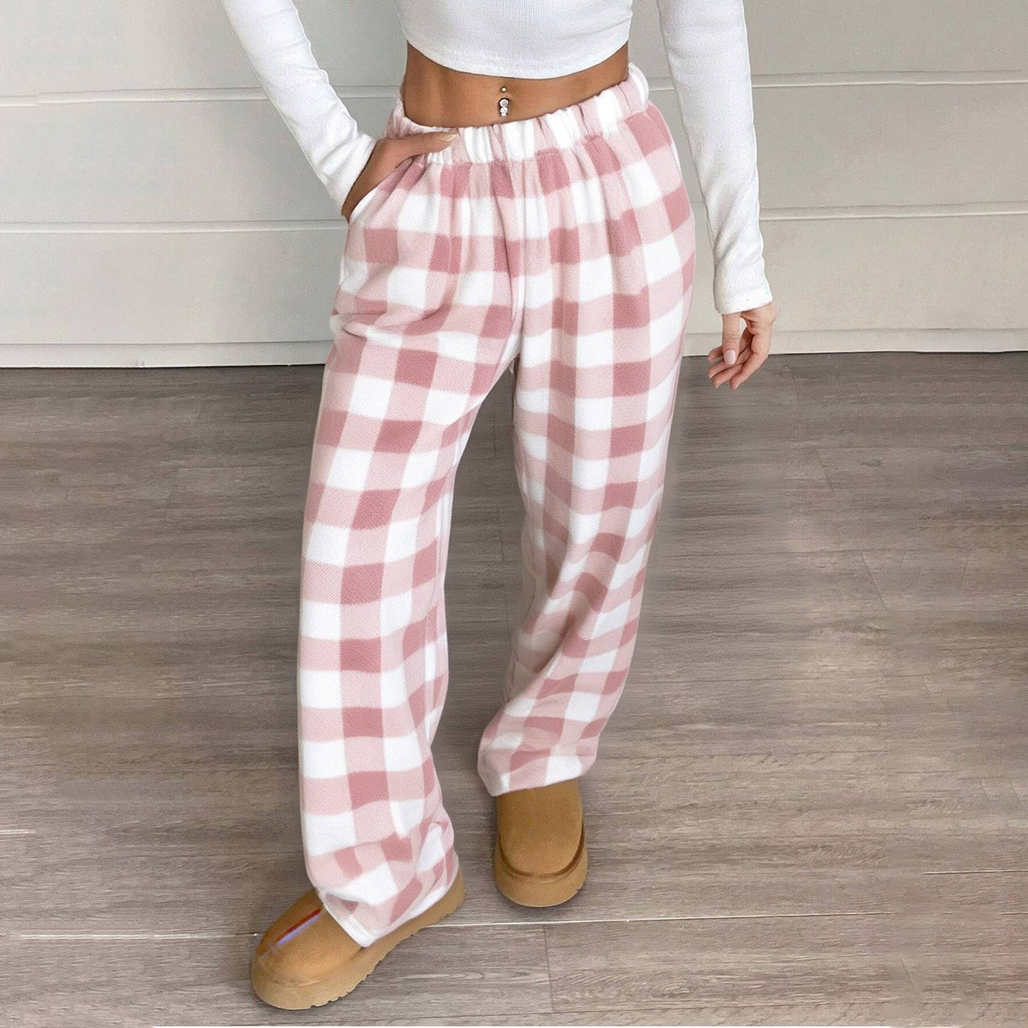 Women Pajama Pants Yoga Pants Elastic Waist Fuzzy Fleece Plaid Bottoms Soft Lounge Sleepwear With Pockets Plush Pajamas Pants