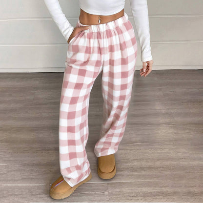 Women Pajama Pants Yoga Pants Elastic Waist Fuzzy Fleece Plaid Bottoms Soft Lounge Sleepwear With Pockets Plush Pajamas Pants