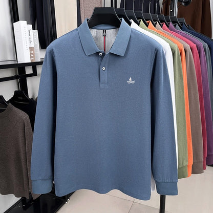 100% pure cotton spring and autumn fashionable men's collar striped long sleeved polo shirt brand sailboat embossed design casua