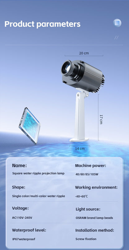 Square Water Ripple Projector Dynamic Water Ripple Logo Indoor Ground Corridor Outdoor Atmosphere Lighting Waterproof Projection