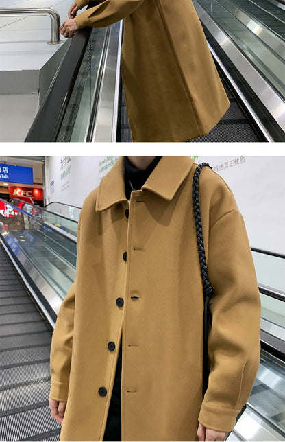 Blends Men X-long Autumn Winter Korean Style Trendy Loose Overcoats Solid Handsome All-match College Harajuku Clothing Mid-calf