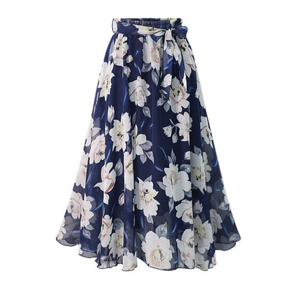 Plus Size Print Floral Skirt Women 2024 Summer Loose Elastic High Waist Chiffon Midi Skirts Lace Up Bow L-5XL Swing Jupe Femme