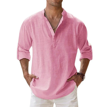Cotton Linen Hot Sale Men's Short-Sleeved Shirts Summer Solid Color Henley Collar Casual Beach Style Hawaiian Vacation