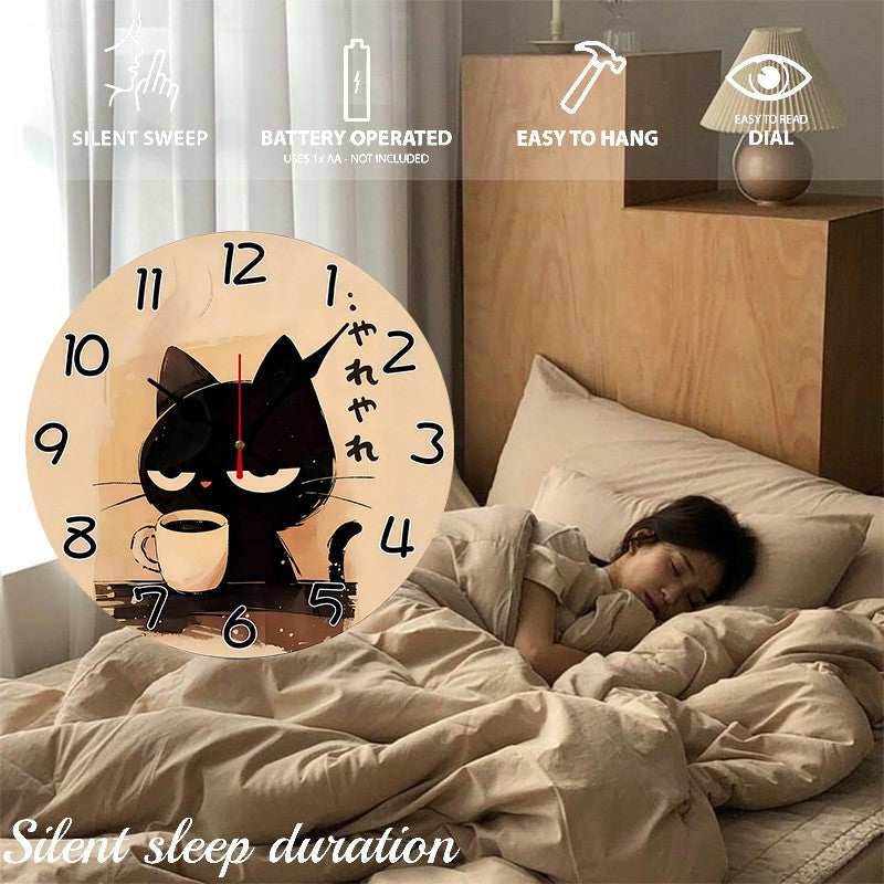 Japanese Style Cat Wooden Round Silent Hanging Wall Clock, Suitable For Living Room, Office,Study Room, Bedroom, Home Decoration