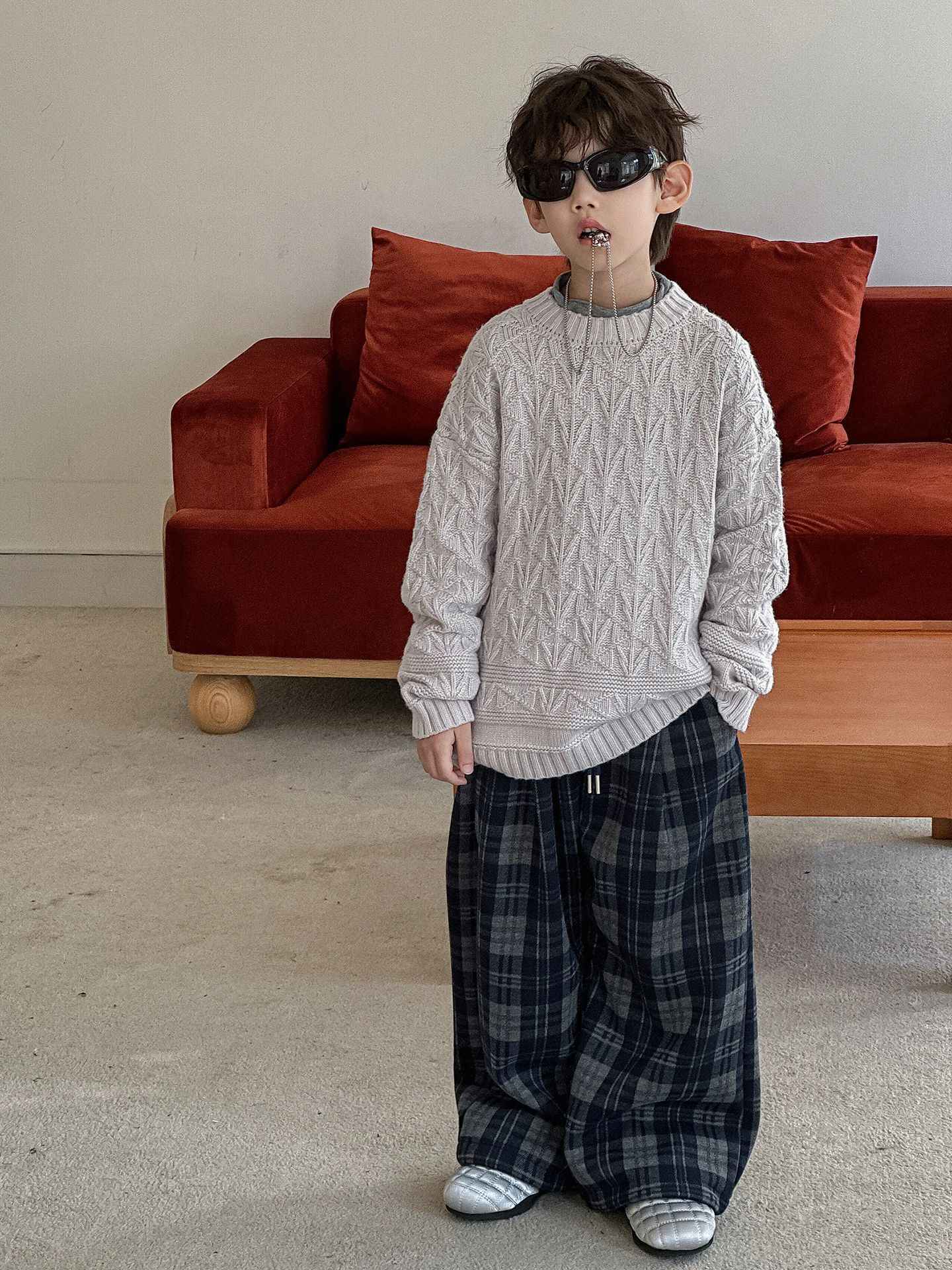 2025 Autumn Winter Cotton Boys Casual Pants Children Fleece-Lined Kids Plaid Loose Long Trouser Soft Warm 3-12 Years Outfit