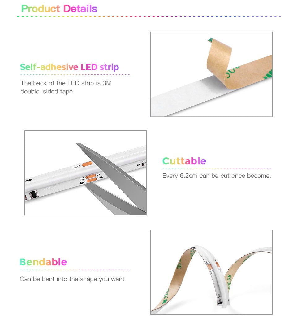 Tuya Smart WIFI RGBIC COB LED Strip Light Tape Addressable WS2811 IC Flexible RGB Neon LED Light 12V APPControl for Alexa Google