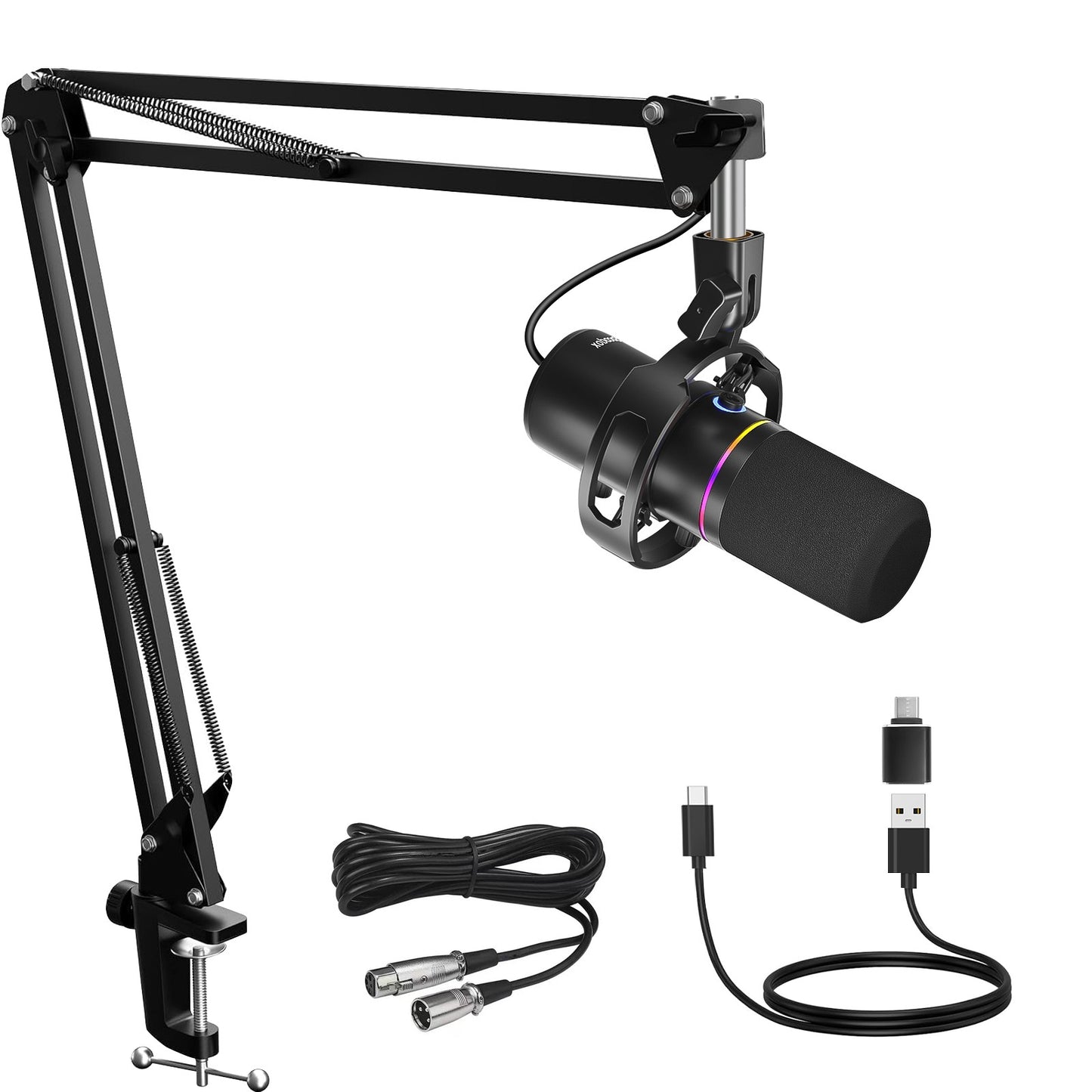 Kit de Microfone Dinâmico XLR/USB, Microfone de PC para Transmissão, Podcast, Jogos, RGB, Função de Silenciar e Cancelamento de Ruído, Volume