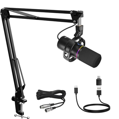 Kit de Microfone Dinâmico XLR/USB, Microfone de PC para Transmissão, Podcast, Jogos, RGB, Função de Silenciar e Cancelamento de Ruído, Volume