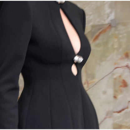 Black Hollow Out Mini A-line Dress Women Sexy Round Neck Long Sleeve Waist Cinching Dresses 2025 Lady Chic Party Club Robe
