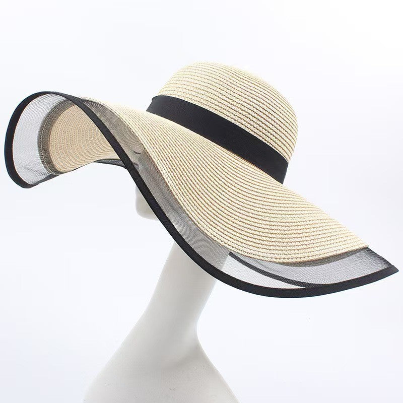 Chapéu de Sol Feminino, Aba Grande, Ondas, Boné de Praia, Chapéu Feminino, Viseiras de Sol de Aba Grande, Boné Panamá com Proteção UV, Chapéu Dobrável de Palha, Protetor Solar Vintage