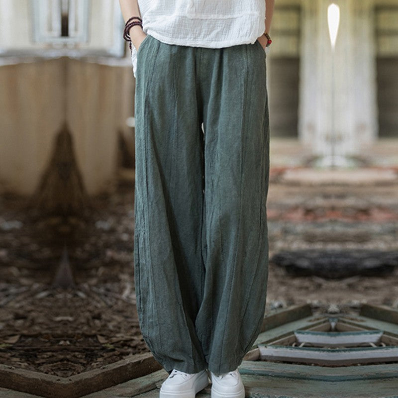 Elegant Women's Cotton Linen Baggy Cargo Pants Vintage Elastic Waist Yoga Trousers Loose Casual Long Wide Leg Oversize Clothes