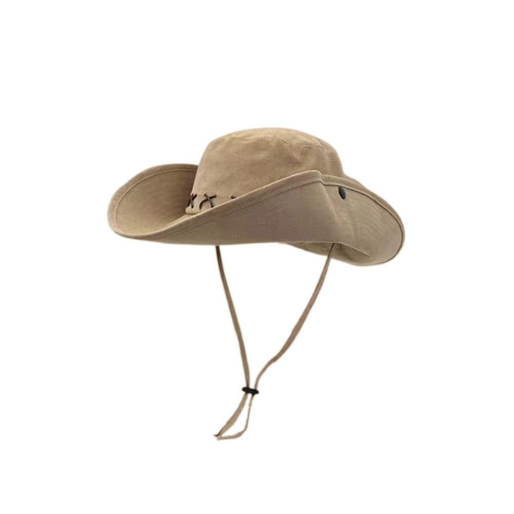 Breathable Western Cowboy Hat Adjustable Retro Wide Brim Sun Hat Mountaineering Anti UV Fisherman Sunshade Cap Unisex