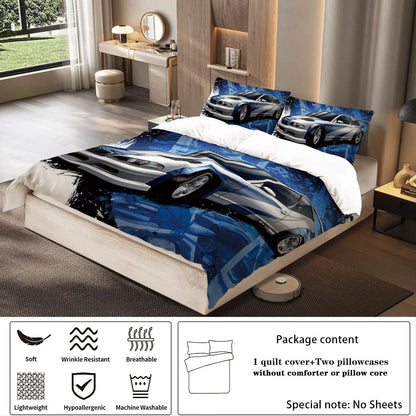 3pcs sports car racing print bedding set 1 quilt cover + 2 pillowcases unfilled, skin-friendly, breathable, anti-pilling