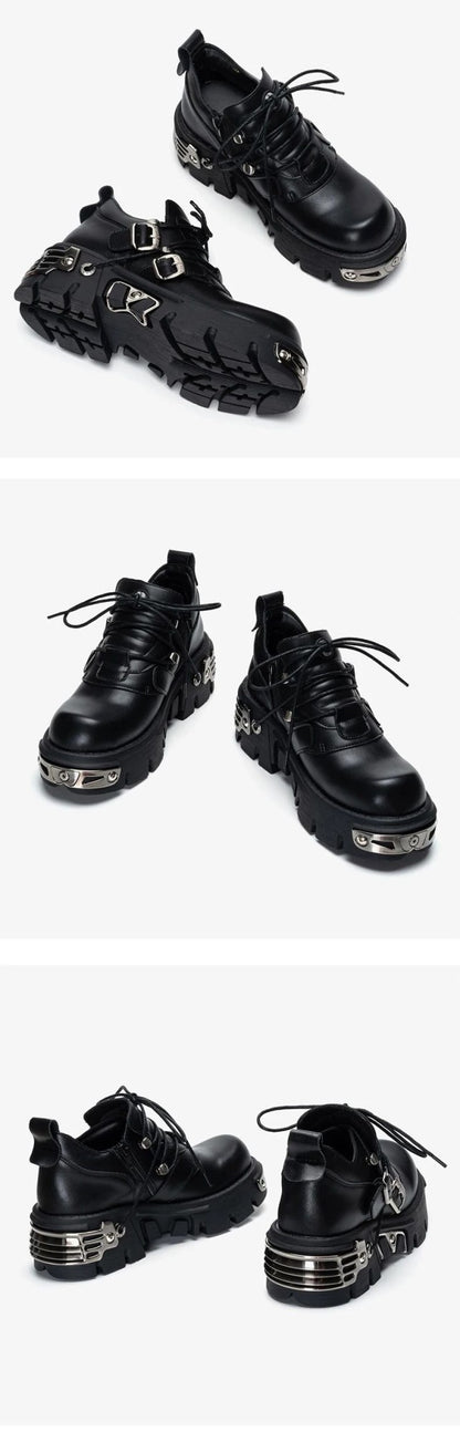 2025 New Dark Punk Style Woman Gothic Flame Carved Vintage Rock Boots Leather Shoes Metal Niche Low Top Platform Shoes