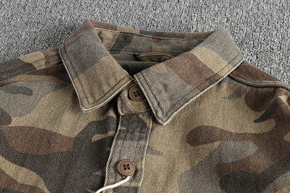 May Khaki wash vintage thick woven cotton cargo long sleeve shirt men's autumn and winter casual shirt coat