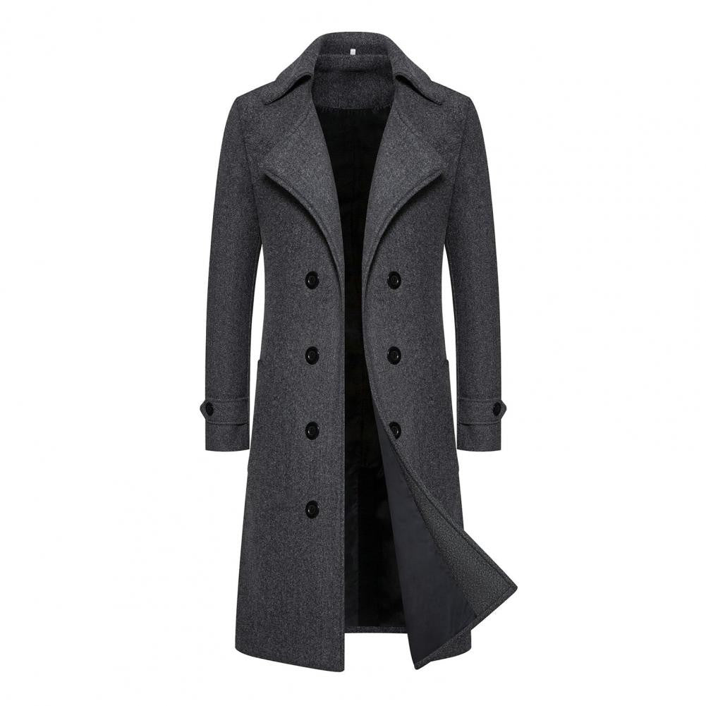 Solid Color Coat Long Coat Double-breasted Men's Mid Length Overcoat with Windproof Warmth Slim Fit Solid Color Cardigan Buttons
