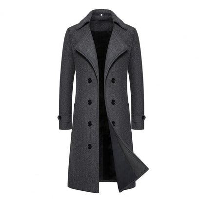 Solid Color Coat Long Coat Double-breasted Men's Mid Length Overcoat with Windproof Warmth Slim Fit Solid Color Cardigan Buttons