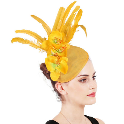 Fascinator Elegante de Lavanda com Flor Amarela Chapéu Derby para Senhora Chapéus de Igreja em Sinamay Fedora de Aba Larga Chapéu para Casamento Festa Vestido XMF320