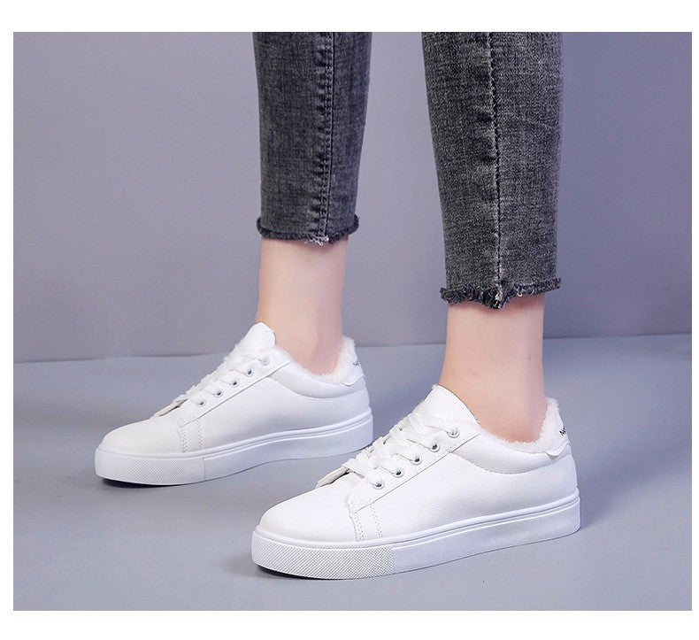 Tênis Feminino de Inverno, Quente, Pelúcia, Sola Vulcanizada, Plataforma, Algodão, Cadarço, Branco, Com Pelúcia, Casual