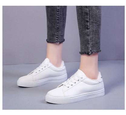 Tênis Feminino de Inverno, Quente, Pelúcia, Sola Vulcanizada, Plataforma, Algodão, Cadarço, Branco, Com Pelúcia, Casual