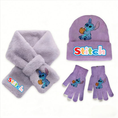 Conjunto de 3 peças de chapéu, cachecol e luvas de malha de inverno Stitch Disney Kawaii quente para meninas Acessórios casuais de moda infantil presente de Natal perfeito