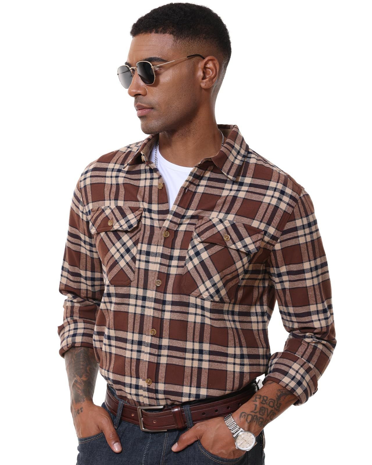MAGCOMSEN Flannel Shirts Men's Long Sleeves Cotton Long Sleeve Plaid Shirt with 2 Pockets Button Down Casual Corduroy Shirt Male