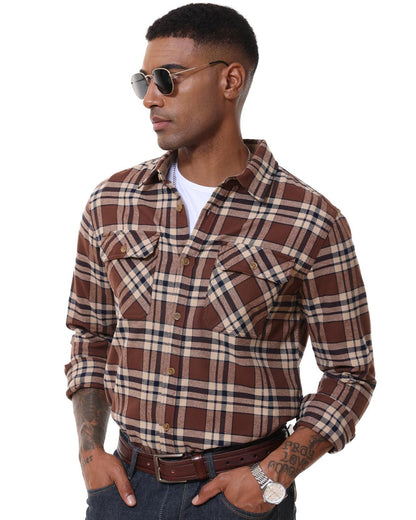 MAGCOMSEN Flannel Shirts Men's Long Sleeves Cotton Long Sleeve Plaid Shirt with 2 Pockets Button Down Casual Corduroy Shirt Male