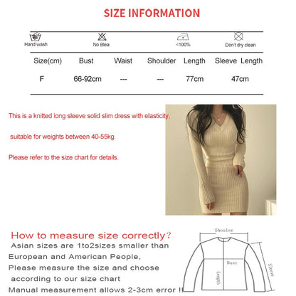 Women Knit Slim Sexy Bodycon Dress V-Neck Long Sleeve Dress Solid Casual Midi Sw