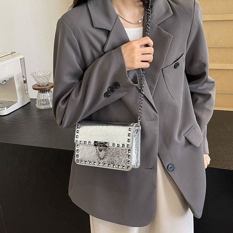 Rivet Small Shoulder Bags For Women Black Punk style Crossbody Bag Fashion Chain Flap Bag Leather Purses Designer Female Handbag