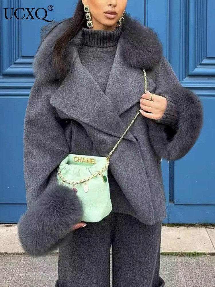 UCXQ Fashion Loose Warm Coat Women's Turn Down Collar Long Sleeve Covered Button Cardigan Coats 2025 Autumn Winter New 23Z4030