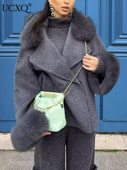 UCXQ Fashion Loose Warm Coat Women's Turn Down Collar Long Sleeve Covered Button Cardigan Coats 2025 Autumn Winter New 23Z4030