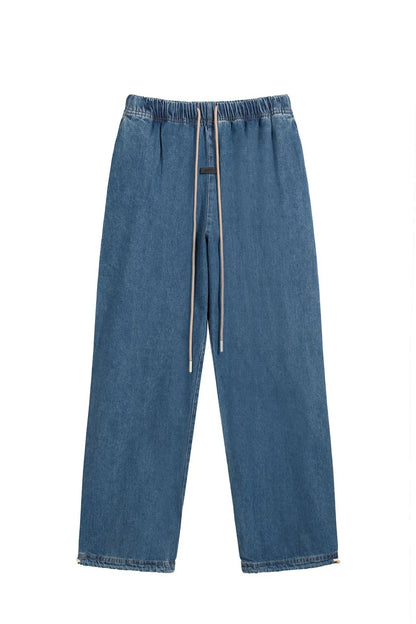Cross-border Fog Essentials Men's Denim Straight-leg Pants American Style Washable Drawstring Elastic Waist Fit Bell Bottoms
