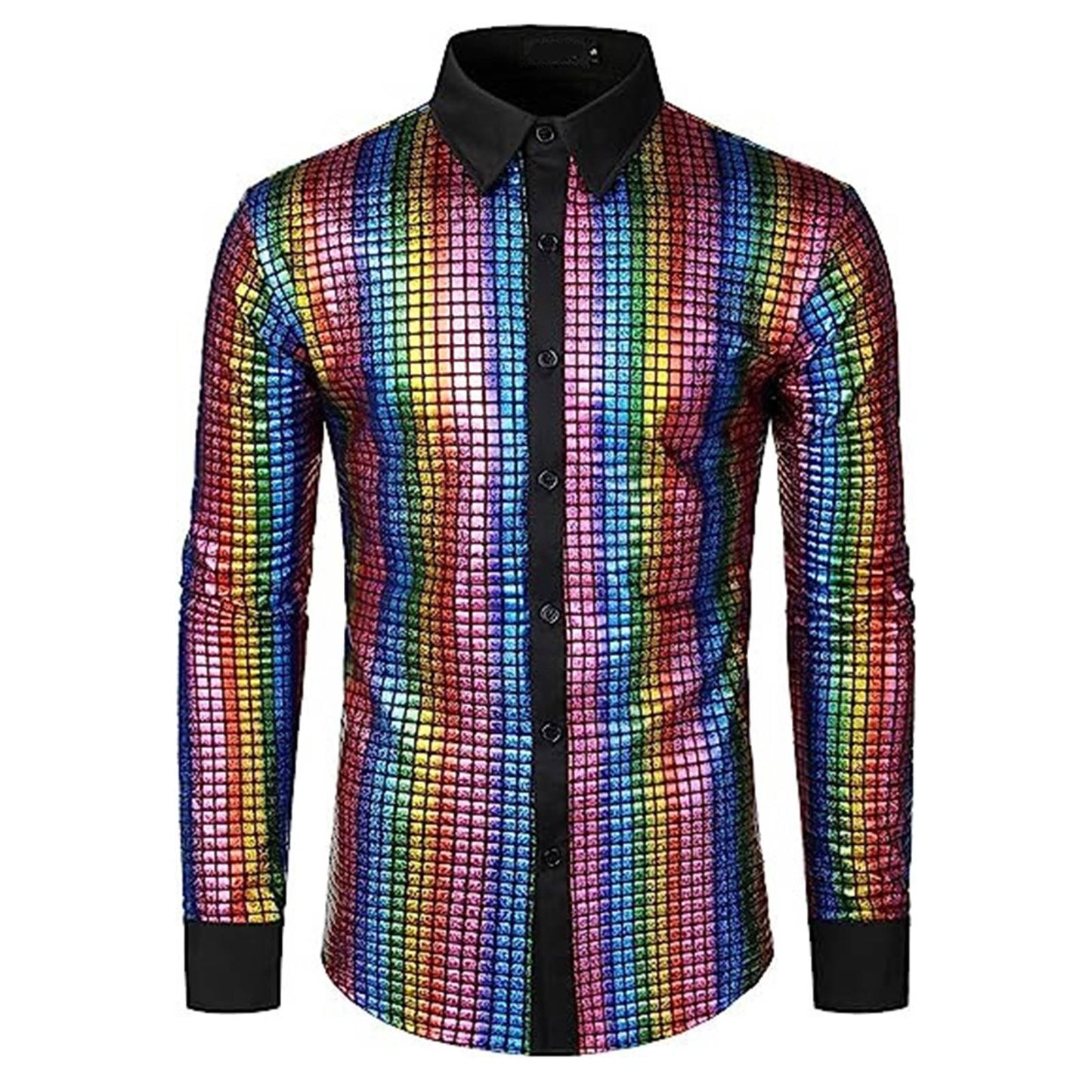 Club Sequin Shirt Mens 70s Disco Costume Vinatge Shirt Turn-down Collar Reflective Shiny Sequins Short Sleeve Button Down Shirt