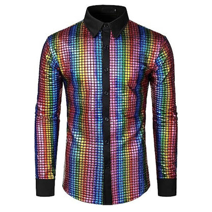 Club Sequin Shirt Mens 70s Disco Costume Vinatge Shirt Turn-down Collar Reflective Shiny Sequins Short Sleeve Button Down Shirt