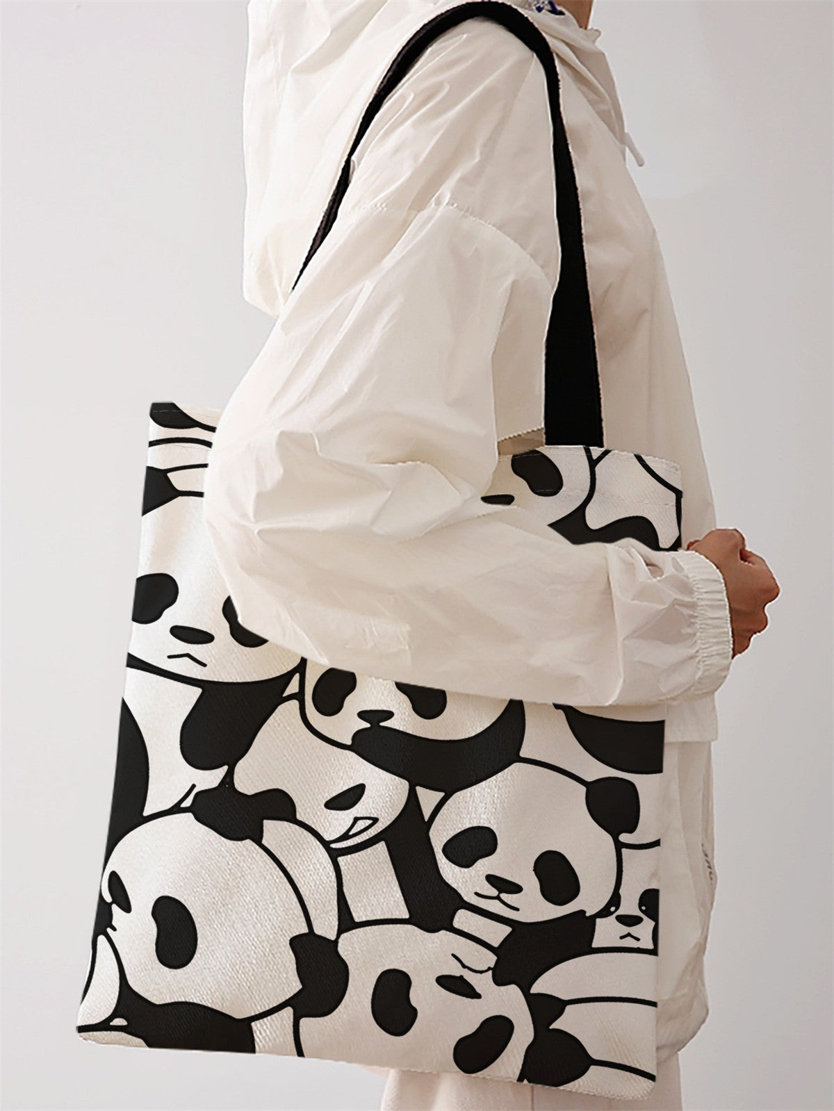 Panda pattern printed casual handbag, reusable fashionable backpack, multifunctional handbag, canvas shopping bag