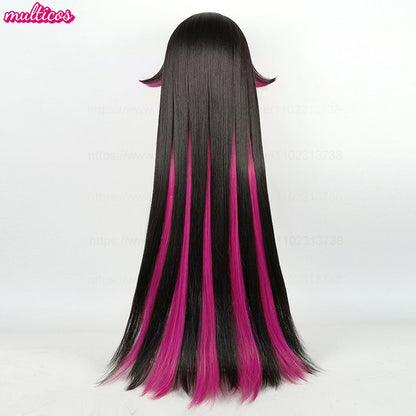 Peruca de Cosplay Columbina de Alta Qualidade 105cm Longa Lisa Preta Rosa Cabelo Sintético Resistente ao Calor Anime Fatui Cosplay Perucas + Touca de Peruca