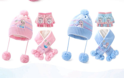 Conjunto infantil de gorro de lã e cachecol com animação da Elsa de Frozen da Disney, desenho animado, inverno, forro de veludo, espesso para manter aquecido