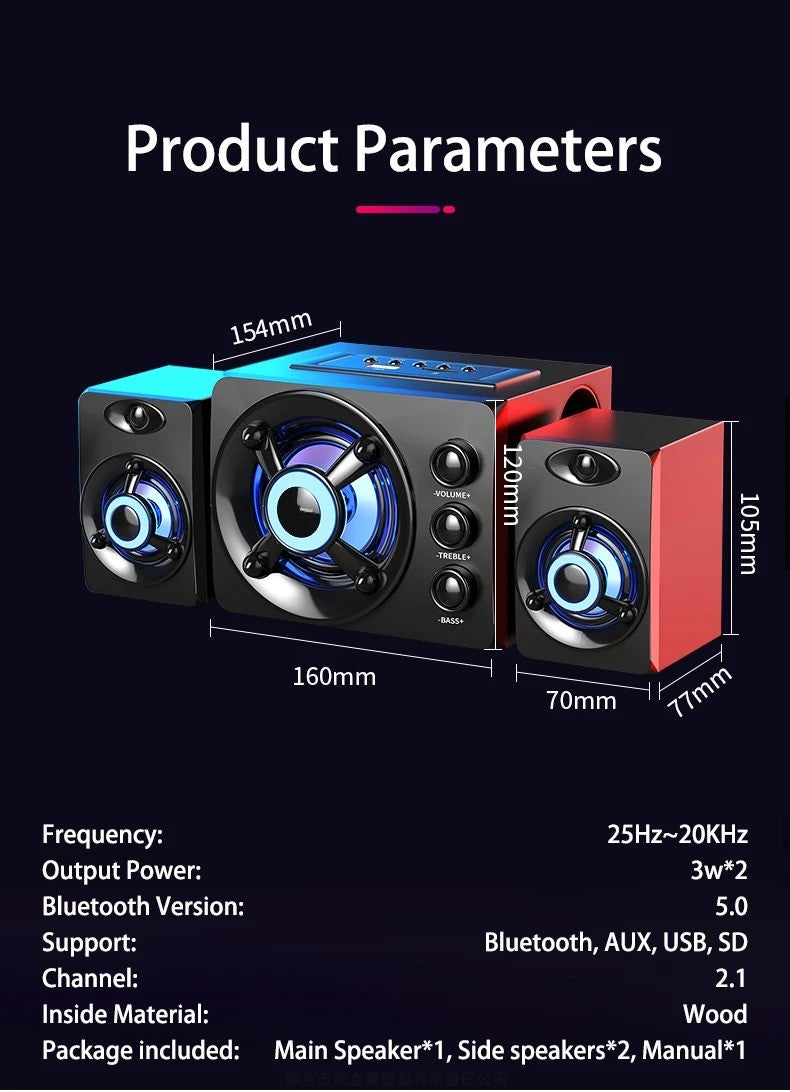 HIFI 3D Stereo Speakers Colorful LED Heavy Light AUX USB Wired Wireless Bluetooth Audio Home Theater Surround Sound Bar TV