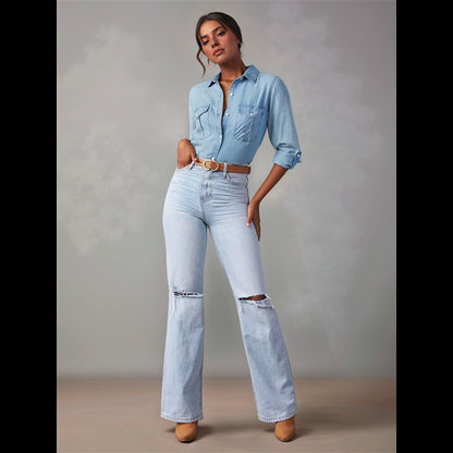 NEW-Women Double Pockets Spliced Decoration Denim Shirt Jacket Single-Breasted Lapel Casual Female Tops